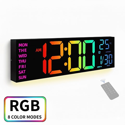 LEIKE 16.2" Large Digital LED Wall Clock with 8 Colors, 5-Level Brightness Adjustment, Battery Operated, Temperature Display, Big Numbers for Bedroom Office Living Room