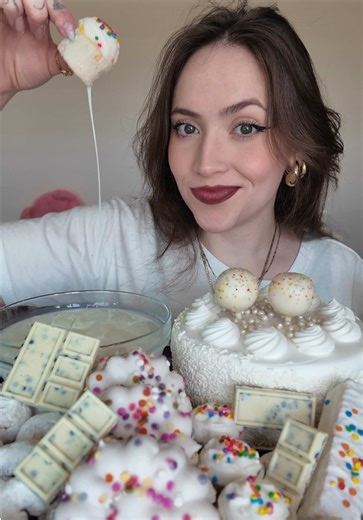 white desserts mukbang 🤍 I was hoping for some chocolate cake under any of the white frosting but sadly there was none.. doing this color series has been so much fun ☺️ which color desserts should I do next?? @Feastables #vanilla #vanillacake #cake #mukbang #fyp