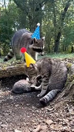 cat protects her baby from a bear 🐨🐻