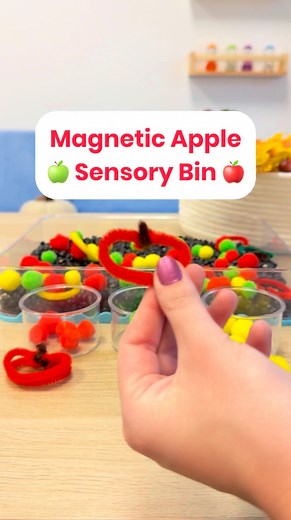 Get ready for festive fall fun with this magnetic apple sensory bin! Little learners will strengthen fine motor skills and boost color recognition — all while enjoying a hands-on, seasonal activity. Here’s what you’ll need: 🍎 A bin (We used the Create Your Play Sensory Tray which comes with fine motor tools) 🍏 Black beans (or your favorite filler) 🍎 Pipe cleaners in red, yellow, green, and brown 🍏 Pom poms in red, yellow, and green 🍎 A magnetic wand Perfect for fall-themed learning and sens