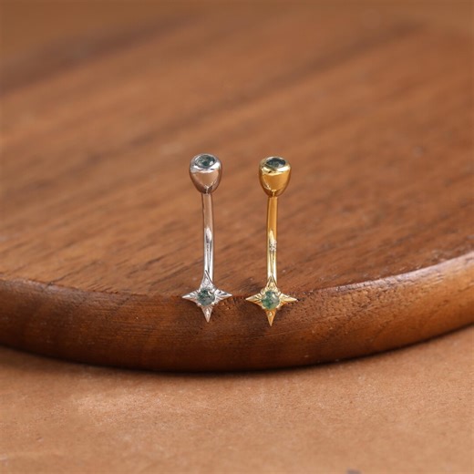Sterling Silver Moss Agate Star Rook Earring • 925 Silver Gemstone Eyebrow Ring • Curved Barbell Belly Ring • Internal Threaded Jewelry 16G - Etsy