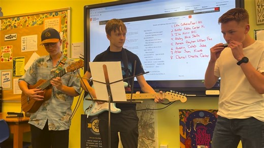 Ms. Bishop’s Honors English students brought Macbeth to life! 🎭 Sophomores Daniel, Carter, and Charlie used their musical talents to create a totally original take on the three witches in Act 1, Scene 1. So creative and fun to watch! | Homer High School