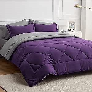 Bedsure King Size Comforter Set - 7 Pieces Reversible Purple Bedding, King Size Bed Set for All Seasons, Bed in a Bag with Down Alternative Comforter, Sheets, Pillowcases & Shams