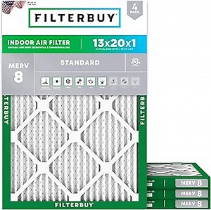 Filterbuy 13x20x1 Air Filter MERV 8 Essential Dust & Allergy Defense (4-Pack), Electrostatic Pleated HVAC AC Furnace Filters Replacement, Made in USA (Actual Size: 12.88 x 19.88 x 0.75)