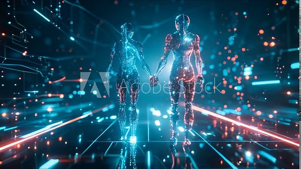 Abstract AI-generated background with digital shapes, futuristic elements and patterns. Concept of future technologies and artificial intelligence.