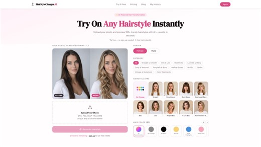 AI Hairstyle Changer: Virtually try on 100+ AI hairstyles and hair colors from your photo — results in seconds, no sign-up needed.