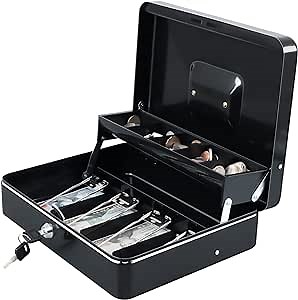 xydled Cash Box with Money Tray and Key Lock,Tiered, Cantilever Design,4 Bill / 5 Coin Slots,11.8" x 9.5" x 3.5",Black