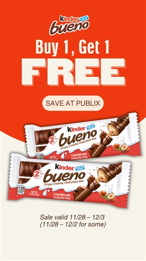 #ad Kinder Bueno is a unique chocolate bar with a taste experience that defies expectation. Stock up and save with the BOGO sale at Publix! Intricately layered. Chocolate, Hazelnut, wafer. Effortlessly enjoyed. Two individually wrapped bars, but nothing can contain the deliciousness and elevated allure of a Kinder Bueno. Irresistibly one of a kind. Kinder Bueno. | I Heart Publix