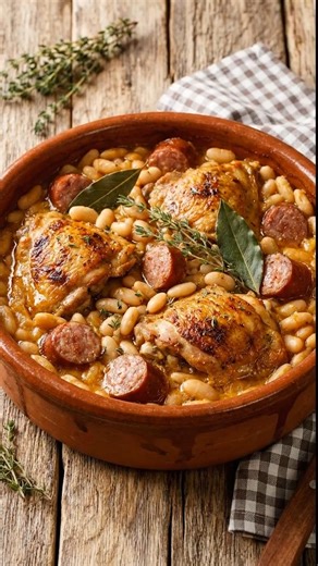 Cassoulet façon grand-mère au poulet et à la saucisse Un grand classique du Sud-Ouest, généreux et mijoté longuement, comme chez nos grands-mères ❤️ 🧾 Ingrédients (6 personnes) 500 g de haricots blancs secs (lingots ou tarbais) 1 poulet fermier découpé (ou 4 cuisses) 400 g de saucisses de Toulouse 150 g de lardons fumés 2 oignons 3 gousses d’ail 2 carottes 2 tomates (ou 200 g de tomates concassées) 1 bouquet garni (thym, laurier) 1 clou de girofle Sel, poivre Graisse de canard ou huile Chapelur