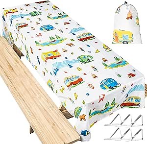 Extra Thick Camping Tablecloth with Clips & Storage Bag, Picnic Tablecloth, Fits 4ft to 8ft Picnic Tables, Polyester, Washable, Spill & Stain Resistant, Water Repellent - Cute Campers