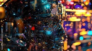 A close-up shot of a robotic head, made from a complex system of gears and lights.. AI Generation