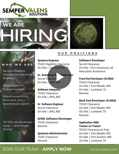 #hiringnow #careeropportunities #joinourteam #techjobs #softwareengineering #systemsengineering #databaseadministrator #machinelearning #softwaredevelopment #frontenddeveloper #backenddeveloper… | Semper Valens Solutions