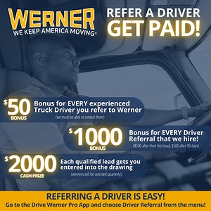 35 reactions · 6 comments | You don’t want to miss out on this opportunity! Werner drivers can earn a referral bonus for referring experienced drivers to our team by simply using the Drive Werner Pro app! EXPERIENCED DRIVER REFERRALS = CASH FOR YOU! | Werner Enterprises | Facebook