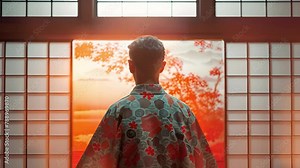 Man in a colorful kimono looking at the autumn landscape through a Japanese window. The concept of perception and tradition.