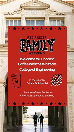That Lubbock wind is crazy!🌬️🌾 Join us this Family Weekend for Coffee with the Whitacre College of Engineering, Friday, October 24th, from 10 AM–2 PM in the Livermore Center lobby 📍 We can’t wait to meet all the amazing families who support our Red Raider engineers! ❤️⚙️ | Texas Tech University - Whitacre College of Engineering