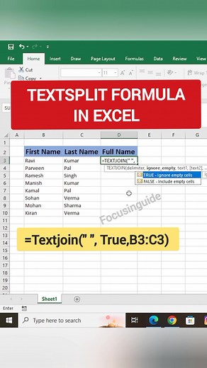 29K views · 231 reactions | TEXTJOIN Smart Work in Excel  | Combine Text Like a Pro #focusinguide #ExcelTips #SmartWork #TEXTJOIN #ExcelFormula #ExcelTutorial #ExcelTricks #MSExcel #ExcelHacks #LearnExcel #ExcelShorts | Focusinguide | Facebook