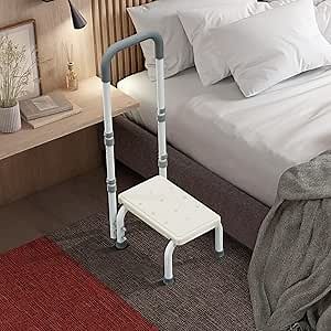 Step Stool with Handles for Elderly-Bed Stools with Adjustable Handrails and Non-Skid Platform,Foot Stool for Bedside,Kitchen,Car,Bathtub,Holds up to 350 lbs（White ）