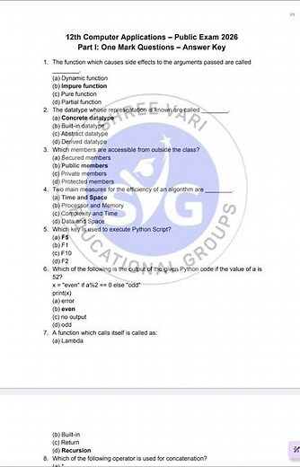 🔥 12th Computer Application Answer Key 2026 💻 | 1 Mark Questions ✅ Full Solutions