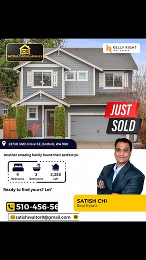 4 comments |  JUST SOLD!  Another happy family has found their perfect home in Bothell, WA! ✅ 4 Bedrooms | 3 Bathrooms | 2,358 SqFt Thinking of buying or selling? Let’s make your real estate dreams a reality!  510-456-5621 . . . #JustSold #HappyHomeowners #BothellRealEstate #DreamHome #SoldBySatish #RealEstateSuccess #HomeSweetHome | Satish Chigullapally | Facebook