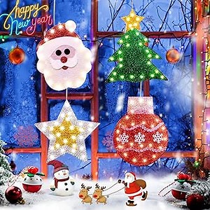 Christmas Window Decorations Lights Christmas Window Silhouette Lighted Sign Battery Operated Window Lights with Suction Cup Hook for Holiday Outdoor Indoor Decor, 4 Pcs