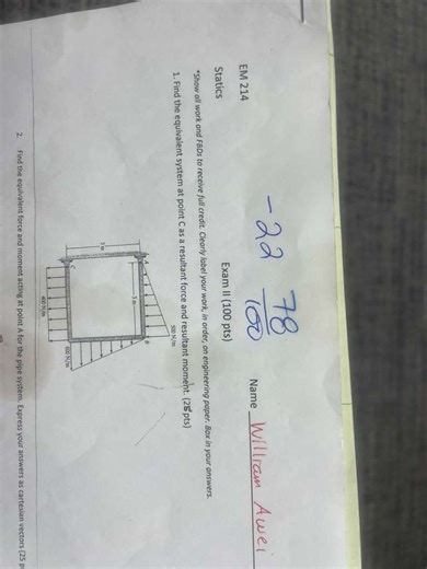 Find the equivalent system at point C as a resultant force and ... | Filo