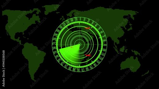 Radar screen animation on black background. Radar point to detect enemy position. Signal transmitted sheen radar. 4k, video. Radar Location detection Military surveillance