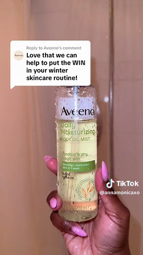 Replying to @Aveeno here’s my full moisture routine using @Aveeno’s body oil mist! I apply it to wet skin while in the shower and then pat myself dry — this keeps me moisturized all day. During the colder months, I’ll also use a bit of @Vaseline’s body gel oil for an additional layer of moisture. Lmk in the comments how you’re staying moisturized this winter season! #bodycareroutine #bodyoilsforskin