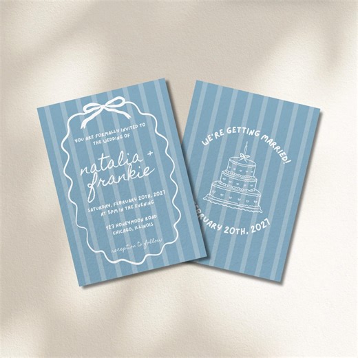 Blue Striped Wedding Invitation Template | Editable Printable Whimsical Illustrated Canva Invite - Etsy
