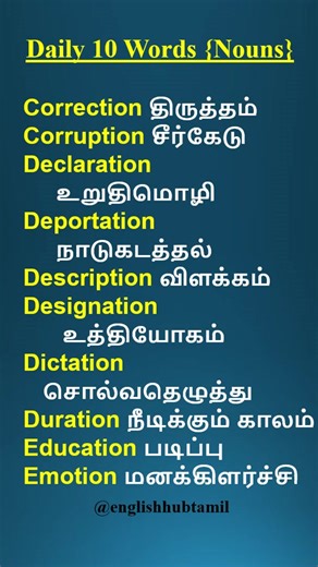 English and Tamil Daily Use Words for Spoken English Practice
