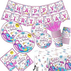 Pink Splish Splash Birthday Decorations Tableware, 142 Pcs Summer Birthday Party Decorations includes Water Slide Party Decorations Plates and Napkins for Girl Waterslide Party Decorations