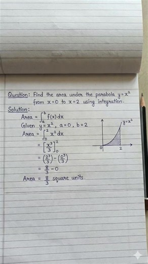 Calculus made simple! 🧠✨ Here’s a quick breakdown of how to find the area under a parabola (y=x^2) using definite integration. ​Step 1: Set up the integral limits (0 to 2). Step 2: Integrate x^2 to get x^3/3. Step 3: Apply the limits and solve! ​Who else finds neat math notes satisfying? 🙋‍♂️📝 ​#Math #Calculus #Integration #StudyTips #MathHelp #Engineering #StudentLife #LearnOnFacebook #MathNotes | EngineerKnow