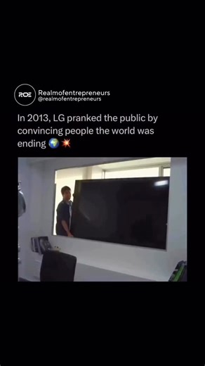 Realmofentrepreneurs on Instagram: "In 2013, LG staged another unforgettable prank - this time inside an office setting - by making people believe a meteor was about to hit the city right outside their window. Employees sat down at a desk facing what looked like a real glass window overlooking the city. Suddenly, a massive fireball appeared in the sky, followed by explosions and chaos outside. Panic set in as people ducked, covered their heads, and jumped out of their chairs — only to realize th