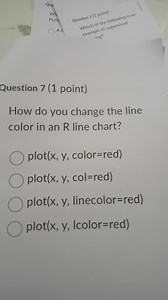Question 7 (1 point)How do you change the line color in an R l... | Filo