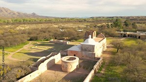 The old and beautiful Tumacacori National Historic Park in Arizona - aerial