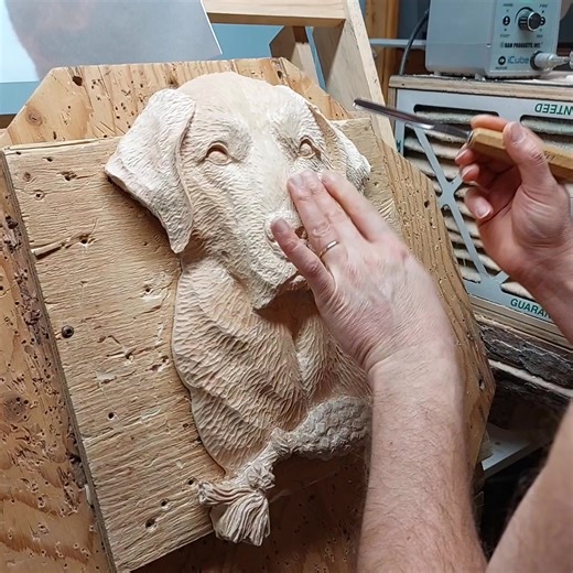 In the video, you can see the process of creating a carved dog portrait in our workshop. We begin by selecting a high-quality piece of basswood — this wood is perfect for sculptural carving thanks to its softness and uniform texture. Using the provided photo, we transfer the main outlines and gradually start adding volume with chisels of different sizes. Step by step, the details take shape: the contours of the head, ears, muzzle, and then the fur with its texture and direction. Each movement of