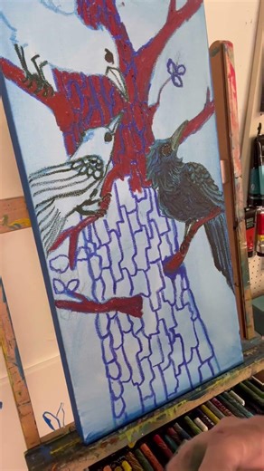 Three Crows Holding Council — oil pastel on canvas.#crowart #oilpastel #arttok