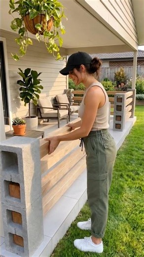 Redefining the Porch with Concrete Blocks and Wood 🧱🪵 #diydecor #frontporch