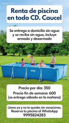 📢 ¡RENTA TU PISCINA INTEX Y DISFRUTA DEL VERANO! 📢 ¿Quieres refrescarte sin invertir en comprar una piscina? Tenemos la solución perfecta: alquila nuestra piscina Intex de alta calidad y transforma tu espacio en un oasis de diversión. ✨ CARACTERÍSTICAS PRINCIPALES - Tamaño amplio para toda la familia y amigos - Fácil instalación y mantenimiento - Material resistente y seguro para su uso 📞 CONTÁCTANOS AHORA - Teléfono/WhatsApp: - 9995824283 ¡NO DEJES PASAR LA OPORTUNIDAD DE HACER DE ESTE VERAN