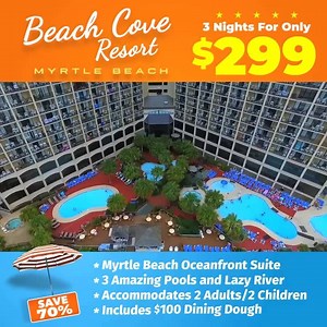 18K views · 137 reactions | Spend 3 Nights In An Oceanfront Suite At the Beautiful Beach Cove Resort In Myrtle Beach, With A $100 Dining Credit Included, For Only $299! For More Info & To Book Online, Go To: https://www.BookVIP.com/hotel_details/beach-cove-resort?id=589&pid=1078 | Bookvip.com | Facebook