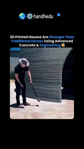 ☄️handhedu⚙️ on Instagram: "3D Printed Houses Are Stronger Than Traditional Homes Using Advanced Concrete & Engineering 🤯🏗️ 3D-printed houses may look experimental, but they are engineered for strength and durability. Instead of bricks and mortar, large-scale 3D printers build walls using continuous layers of high-strength concrete, creating monolithic structures with far fewer weak joints than traditional construction. The layered and ribbed wall geometry is intentional. These designs improve