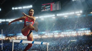 Sports Footage with Super Slow Motion Speed Ramp Effect. Talented Female Hurdler Jumping Over Obstacle, Racing Against Time and Setting a New Sprint Record in Front of a Stadium with Cheering Fans