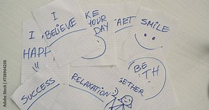 write motivational notes on paper believe, make your day, smile, relaxation, together, happy, start,