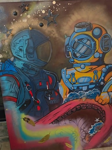 One of my favorite paintings, honoring 2 of my lost friends. #astronaut #octonaut #painting #artist #art