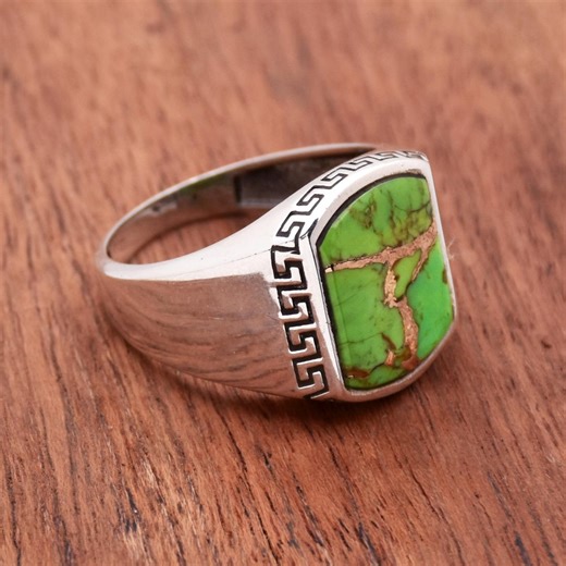 Green Copper Turquoise Ring: Sterling Silver Textured Band, Boho Hippie Style - Etsy