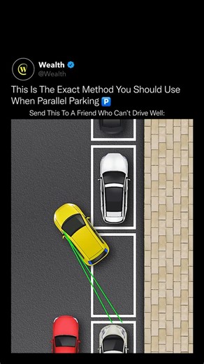 Wealth on Instagram: "Most people learn parallel parking the hard way, but there’s a simple method that works every single time! 🚗💡 Parallel parking feels complicated because your brain is trying to guess angles instead of following fixed visual reference points. The technique shown here removes all the guesswork. Start by pulling up beside the lead car, leaving a small gap. Turn your wheel fully toward the curb and reverse slowly until your rear aligns with your target’s back bumper. Straight