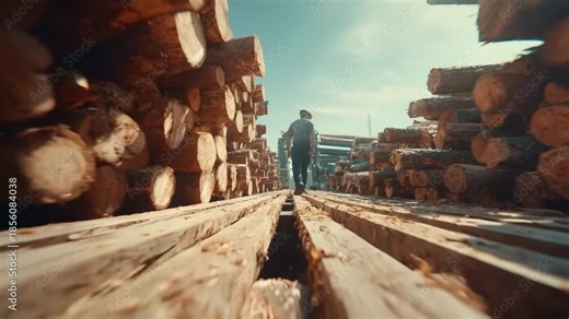 Medium shot showcasing conveyor belts transporting logs seamlessly through automated sorting and cutting stations in a sawmill.