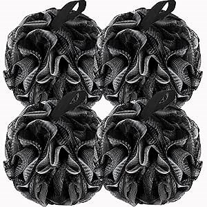 BCKENEY Bath Loofah Shower Sponge Body Back Scrubber Soft Mesh Shower Puffs Exfoliating Loofa for Women & Men Bath Accessories Cleaning Tool (4Pack 60G Black, Charcoal Black)