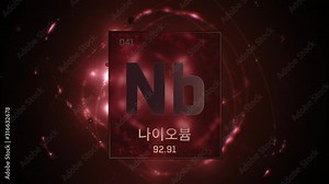 Niobium as Element 41 of the Periodic Table. Seamlessly looping 3D animation on red illuminated atom design background orbiting electrons name, atomic weight element number in Korean language Stock Video