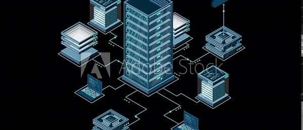 Isometric computer technology animation. Computation of big data center. Cloud computing. Online devices upload and download information. Transparent background with alpha channel