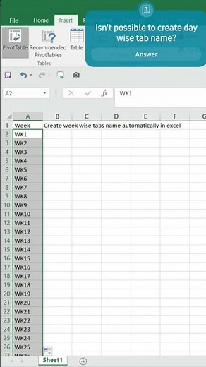 Add week Sheets Automatically in Excel With Pivot table | 52 sheets in 5 seconds #excelambassodor